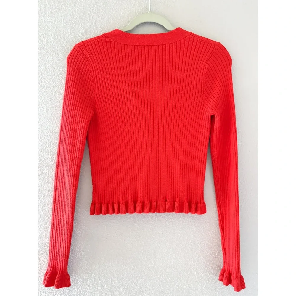 Commense Red Ribbed Ruffle Button Front Cardigan Sweater Balletcore Coquette L - Picture 5 of 5